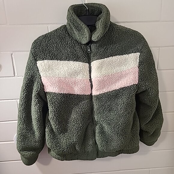 Wonder Nation Jacket Olive Green w/White & Pink‎ Stripe Girls Pre-Owned Winter - Picture 1 of 10